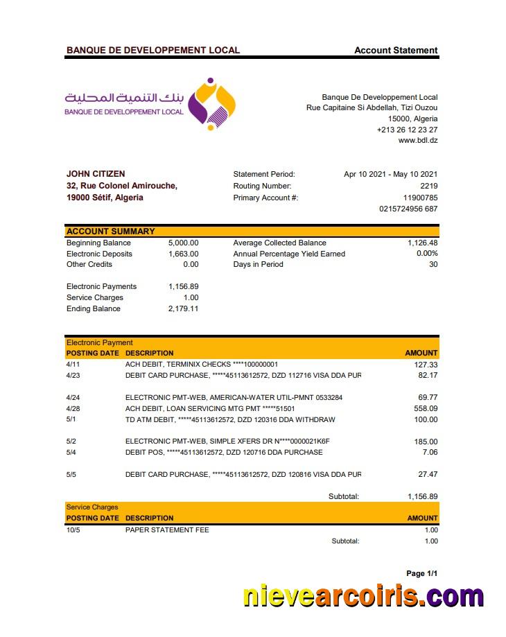 Algeria Banque De Developpement Local Bank Statement xls